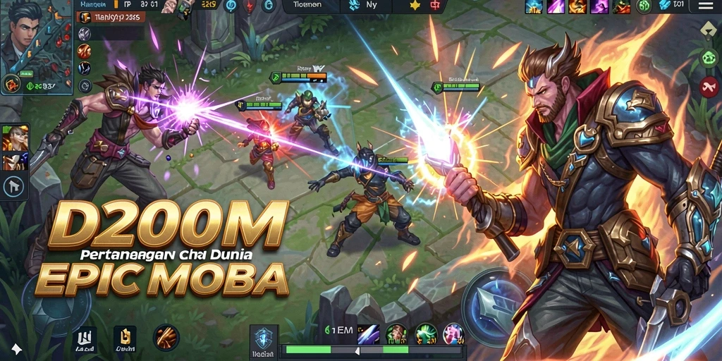 Screenshot gameplay D200M memperlihatkan aksi pertarungan MOBA yang intens.