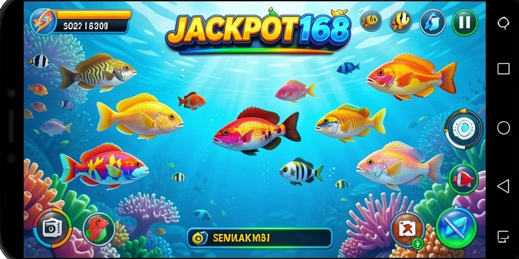 Tampilan gameplay memukau dari JACKPOT168 dengan aksi menembak ikan.