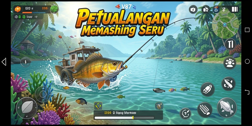 Tampilan gameplay V87 yang menakjubkan saat memancing di danau.
