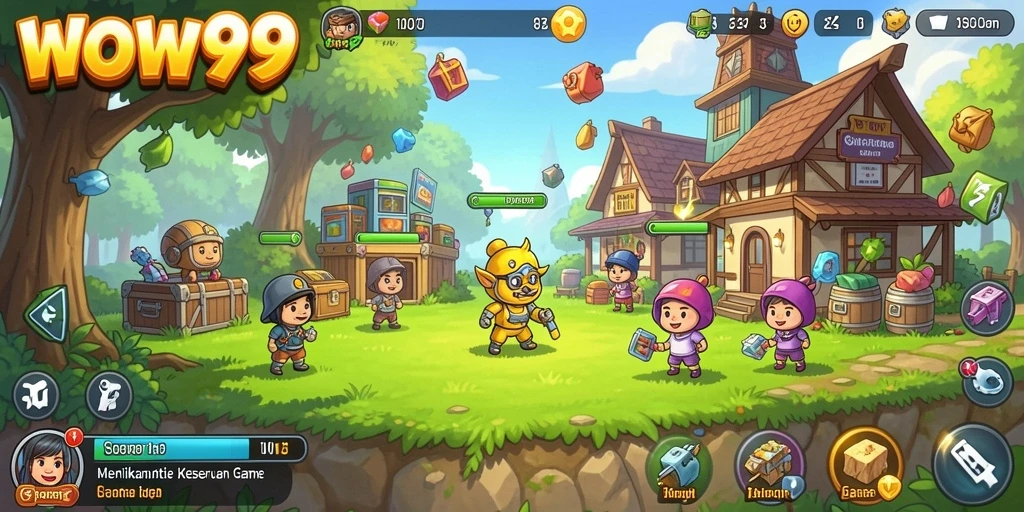 Screenshot gameplay WOW99 menampilkan karakter bergerak dan mengumpulkan sumber daya.